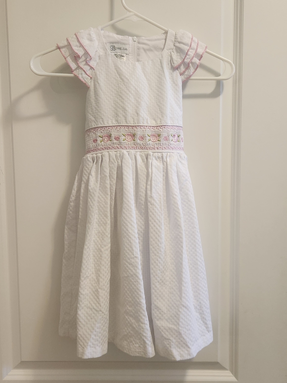 Bonnie Jean White Dress with Pink Floral Smock